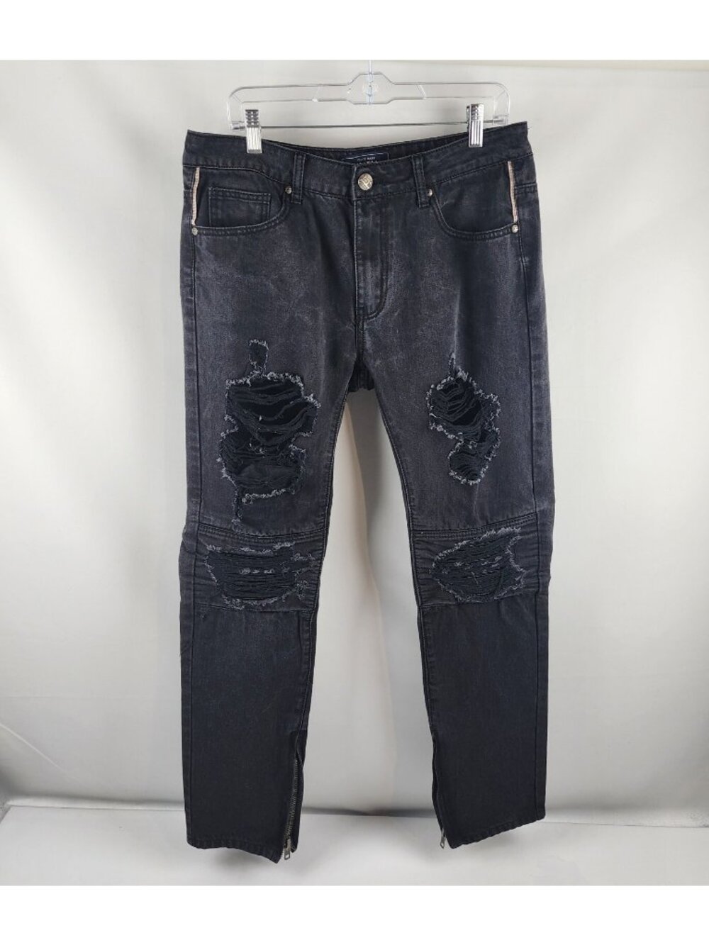 Damati Jeans Mens 34x31 Upscale Black Biker Distressed Ankle Zip Los Angeles USA